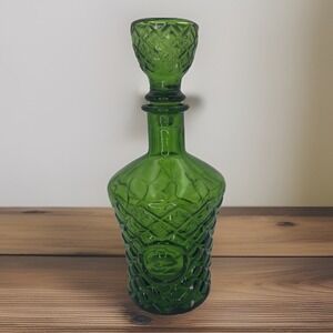 Vintage Green Diamond Pattern Glass Decanter With Helmet Logo Made In Taiwan